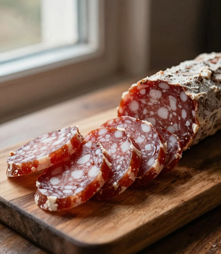 Warm editorial photography of sliced artisanal saucisson on a thick wooden board, dramatic side window light, rich deep red tones, shallow depth of field, 35mm