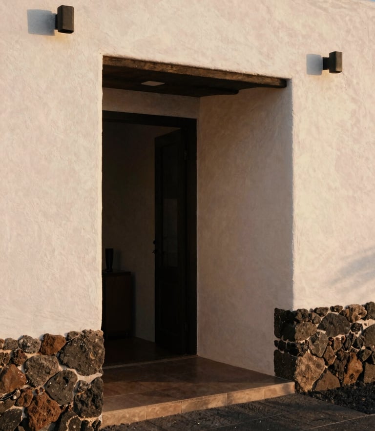 Architectural detail of a minimalist Canarian villa entryway, warm natural light casting soft shadows on textured stone walls, 35mm film aesthetic
