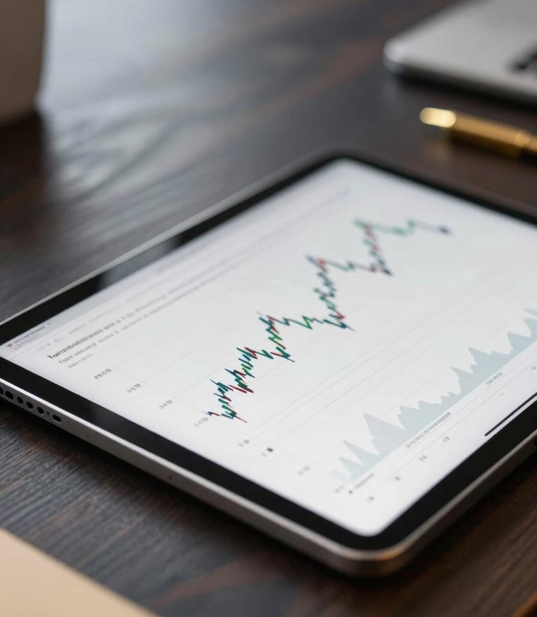 Close-up of a modern tablet displaying clean financial charts on a dark wood desk, soft corporate lighting, gold accents, shallow depth of field