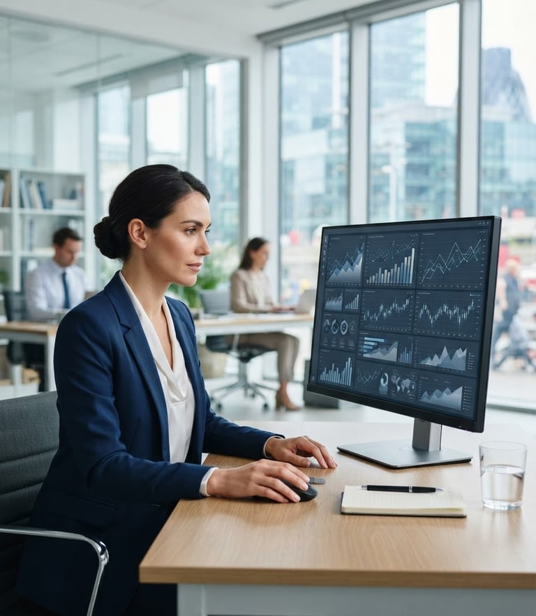 Professional corporate photography of a bright natural daylight office, a financial consultant analyzing structured charts on a screen, clean blue and slate tones, sharp focus, 35mm