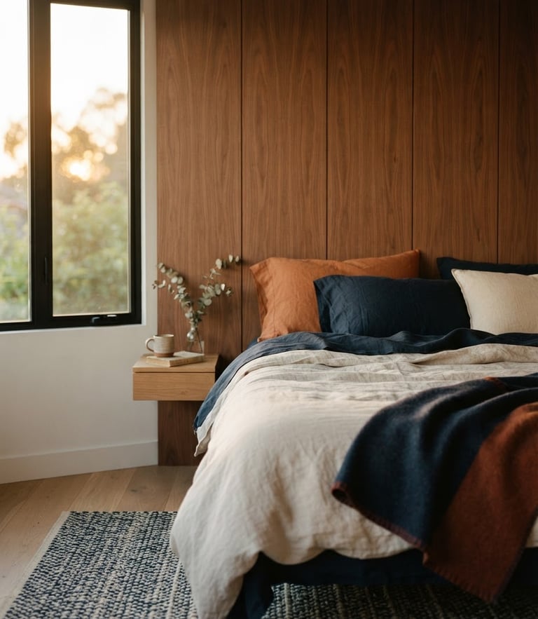 Warm editorial photography of a sunlit minimalist bedroom interior with warm wood panels, soft linen sheets, golden-hour window light, shallow depth of field, 35mm.