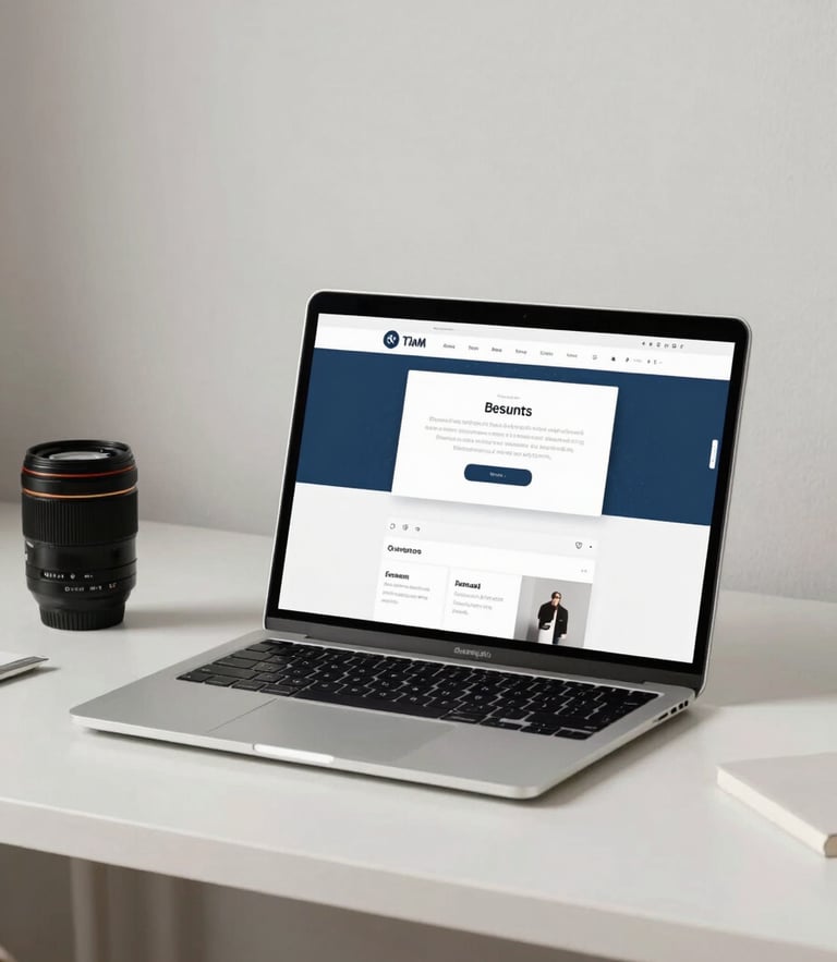 Clean tech photography of a minimalist workspace with a laptop displaying a sleek template, soft diffused natural light, neutral tones, 35mm lens