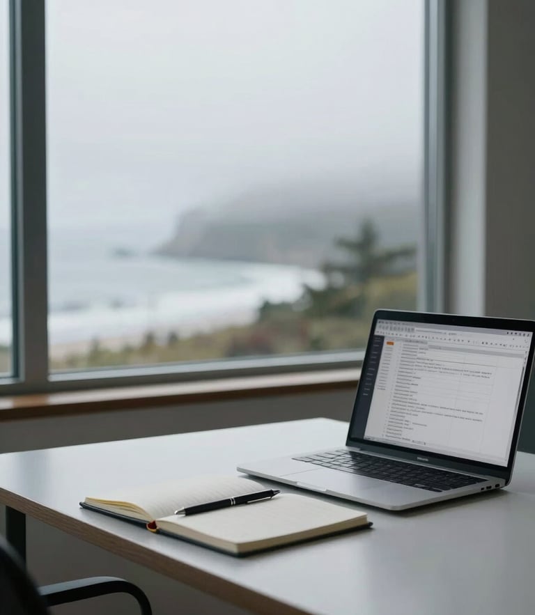 Wide, balanced environmental shot of a quiet modern workspace in the Pacific Northwest. Cool, diffused overcast daylight streams through a large window. A clean minimalist desk holds a single open notebook, a sleek pen, and a laptop showing clean spreadsheets. Coastal fog visible in the soft-focus background.