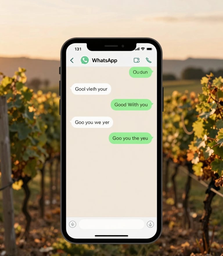 Elegant mobile phone showing clean WhatsApp chat interface with a soft-focus vineyard at sunset in the background, warm golden hour light, 35mm