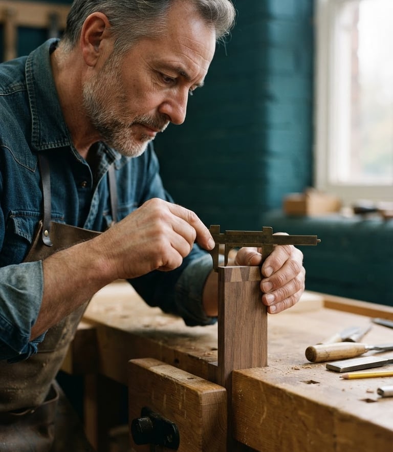 A close-up portrait of a master carpenter in a clean workshop, measuring a custom oak joint with a brass caliper, soft natural window light, deep teal tones, architectural interior photography.