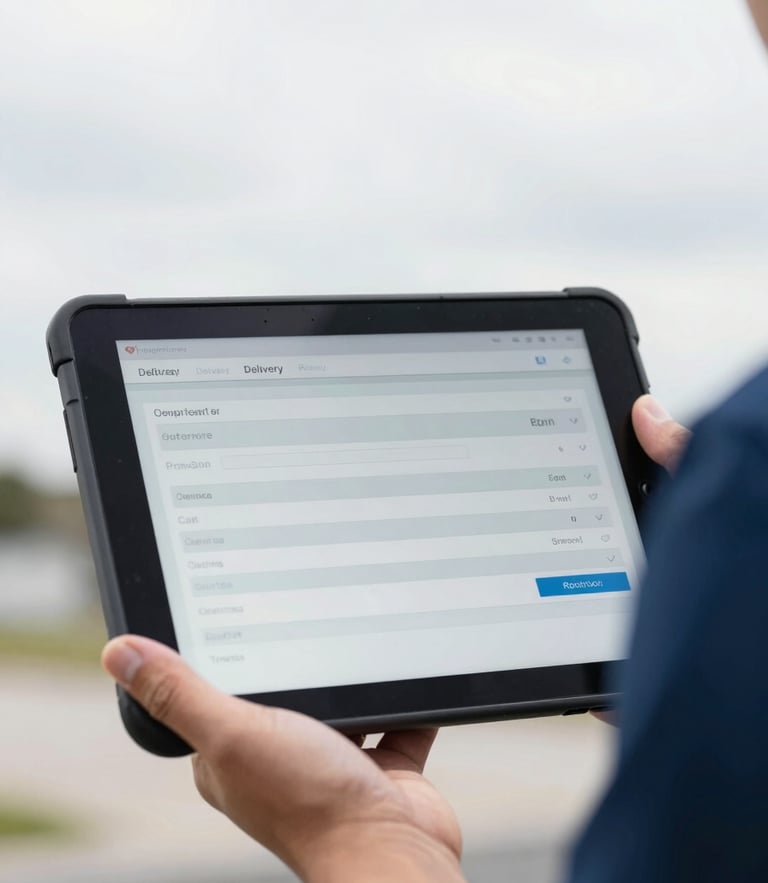Close-up of a courier's hand holding a rugged digital tablet displaying a timestamped delivery manifest screen, bright overcast daylight.