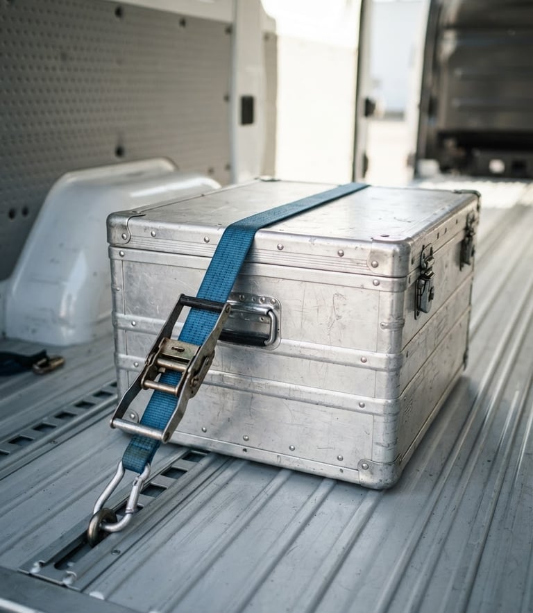 Close-up of a secure cargo strap securing a high-value aluminum case inside a clean delivery van, bright morning sun, high contrast, sharp commercial photography, 35mm lens.