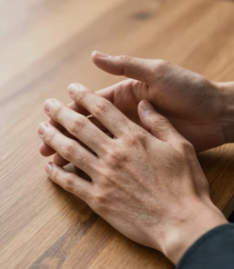 Close-up of hands in a thoughtful, reassuring gesture on a warm wooden table, soft directional natural daylight, shallow depth of field.