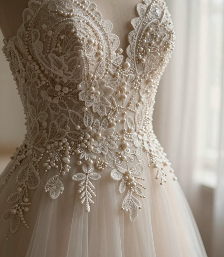 Extreme close-up of delicate French lace and hand-stitched pearl embroidery on a wedding gown, soft morning light filtering through a sheer window curtain, warm tones
