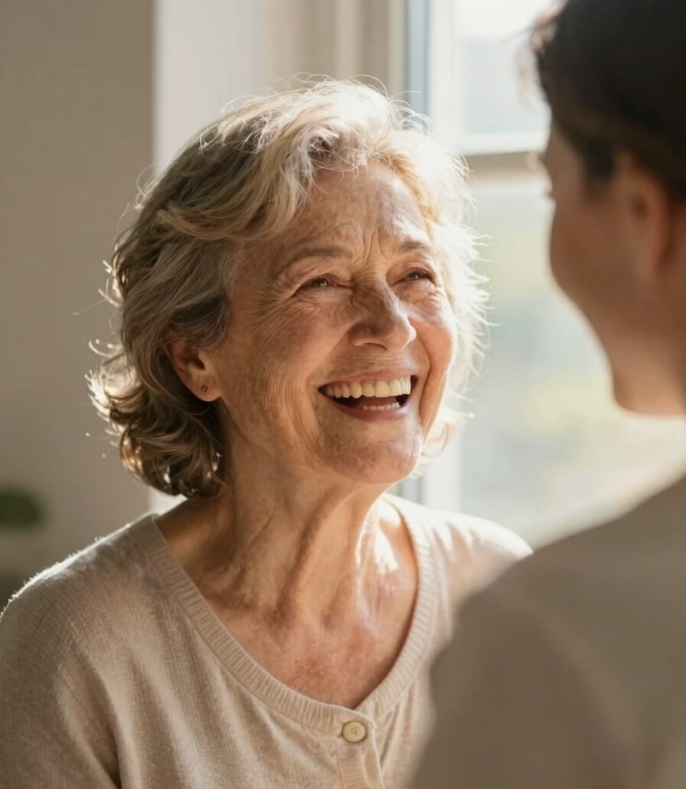 A warm close-up of a senior woman laughing with a caregiver near a sunlit window, soft natural window light, gentle golden tones, shallow depth of field, 35mm editorial style