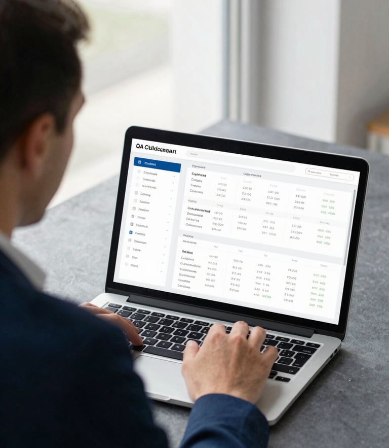 Over-the-shoulder view of a strategist analyzing a clean data dashboard on a laptop, bright natural window light, navy tones, shallow depth of field