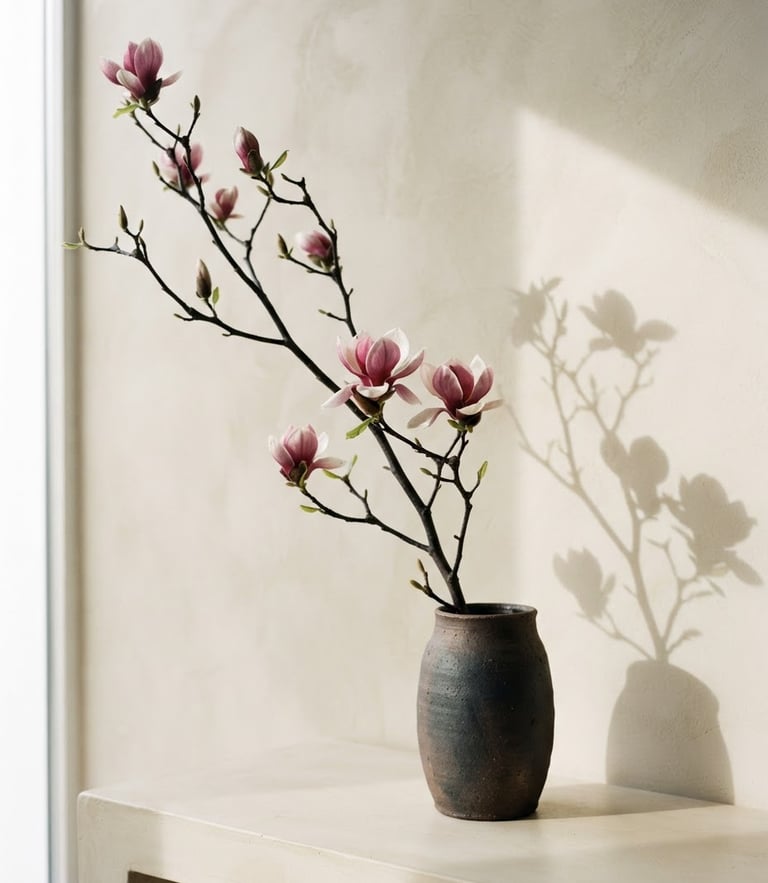 A single architectural branch of a Japanese magnolia in a raw dark ceramic vase, set against a warm cream concrete wall, sharp side shadow, minimalist editorial photography