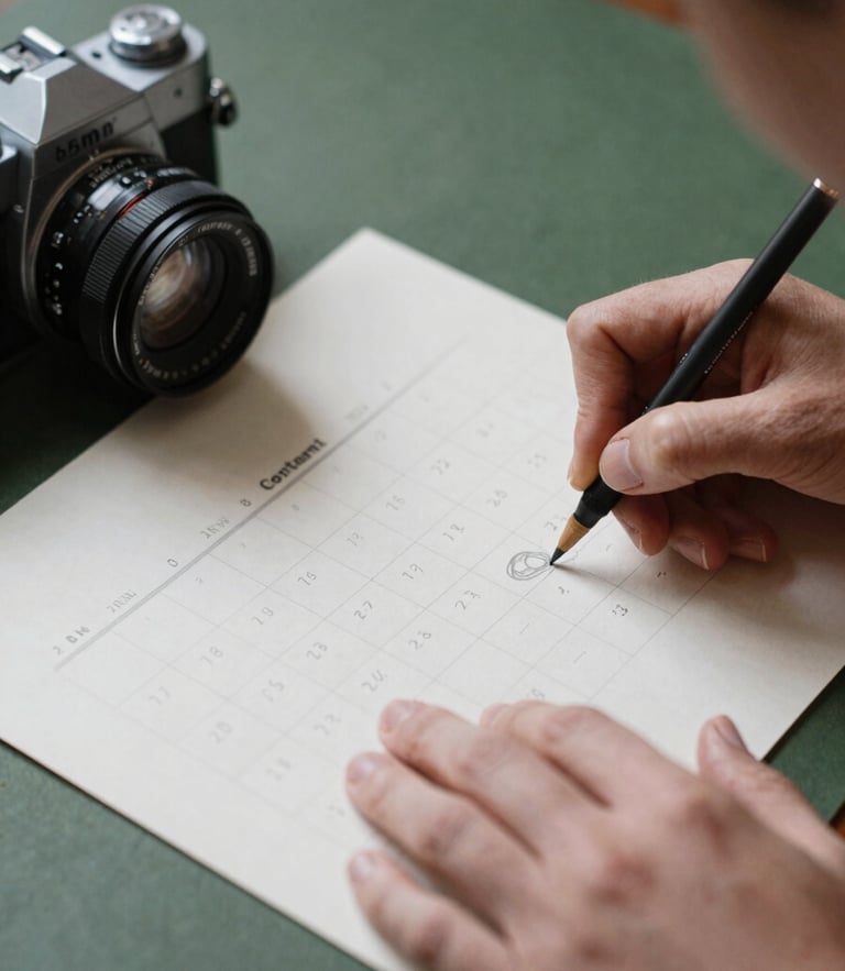 Intimate close-up of hands sketching a content calendar on parchment paper next to a vintage camera lens, soft Scandinavian natural light, 35mm