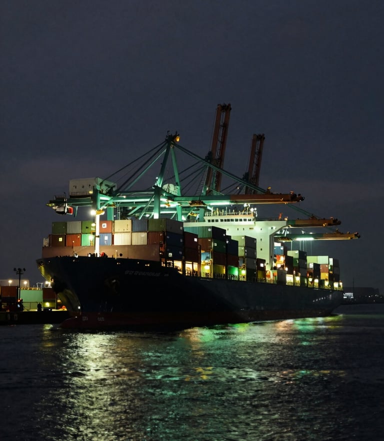 Cinematic wide-angle view of a massive container ship docked at a high-tech automated port at twilight, glowing green terminal lights, deep obsidian water, dramatic backlighting.