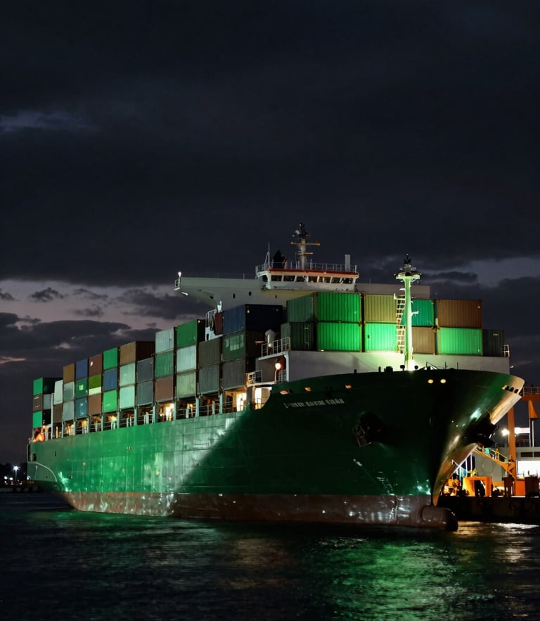 Wide-angle cinematic shot of a massive container ship at dusk, dramatic harbor lighting, deep black and glowing emerald tones, anamorphic lens