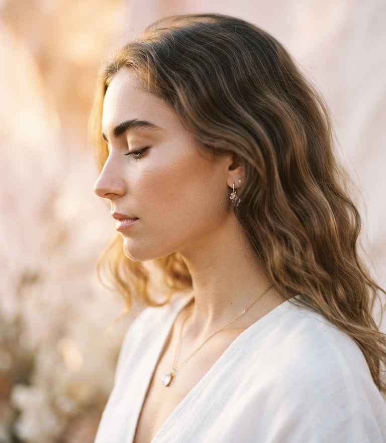 Ethereal fine-art photography of a serene woman face in profile, soft pink and white light, minimalist esoteric styling, gentle golden-hour highlights, 35mm
