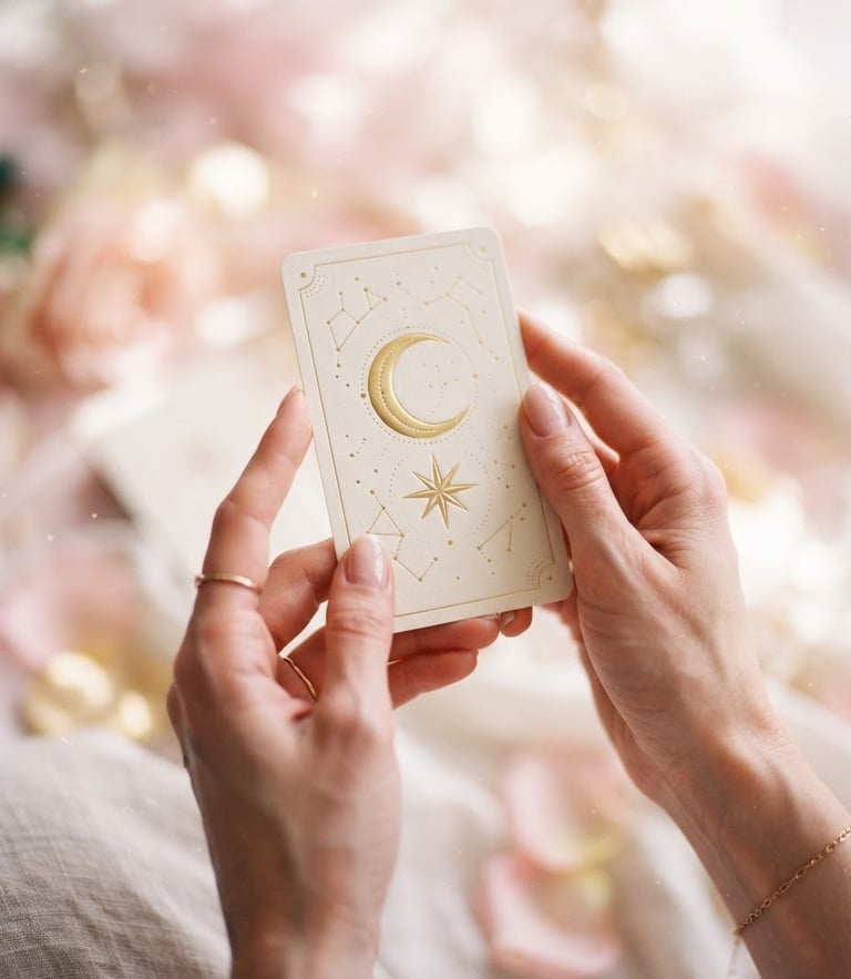 Close-up macro of elegant hands holding a minimalist gold-embossed tarot card, soft pink and white light, ethereal fine-art photography style, 35mm