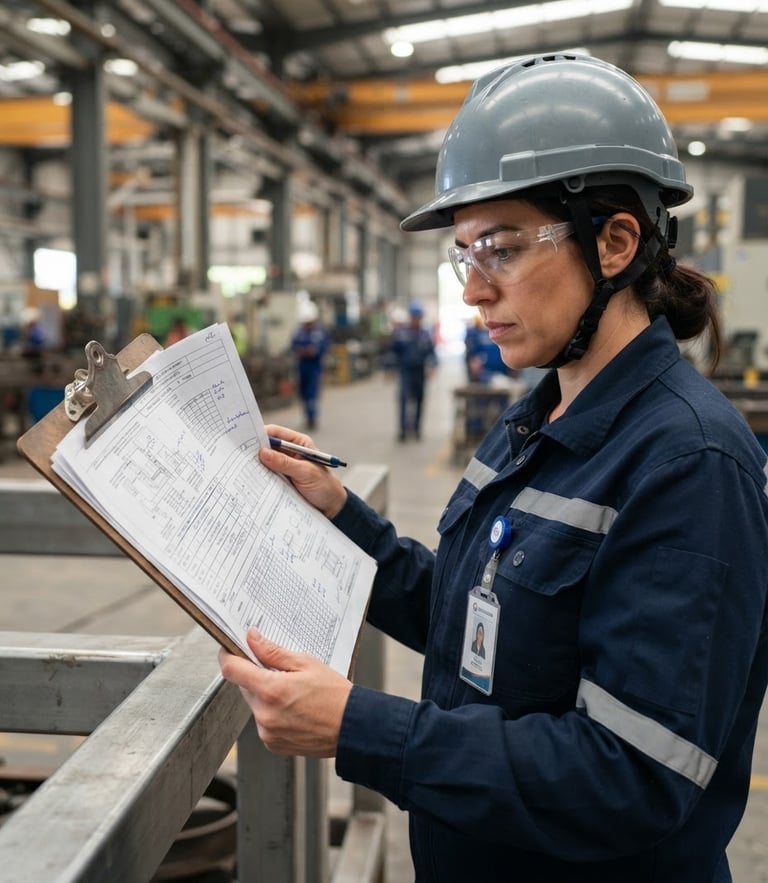 A close-up of a safety officer reviewing compliance documents on a modern industrial site, crisp natural daylight, navy tones.