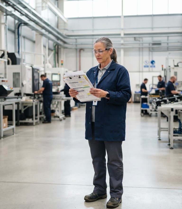 A professional environmental portrait of a senior safety inspector in a clean, modern manufacturing facility holding compliance documents, natural daylight, sharp focus, 35mm lens.