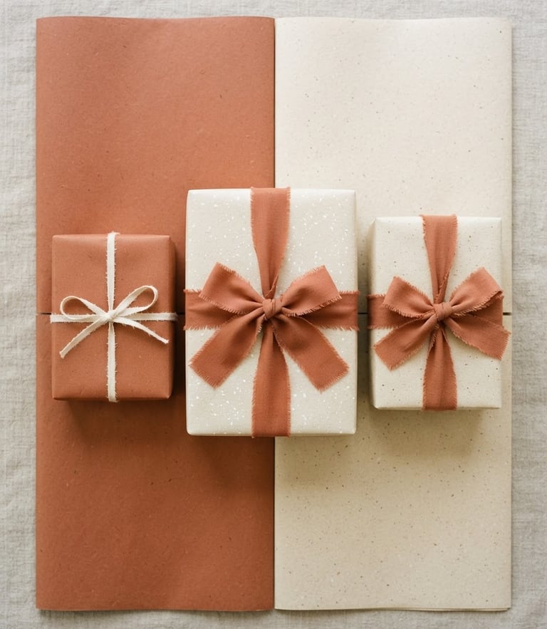 Overhead flat-lay of coordinated terracotta and cream wrapping paper sheets with neat cotton ribbon bows, soft diffused studio lighting, sharp focus on paper texture, 35mm.