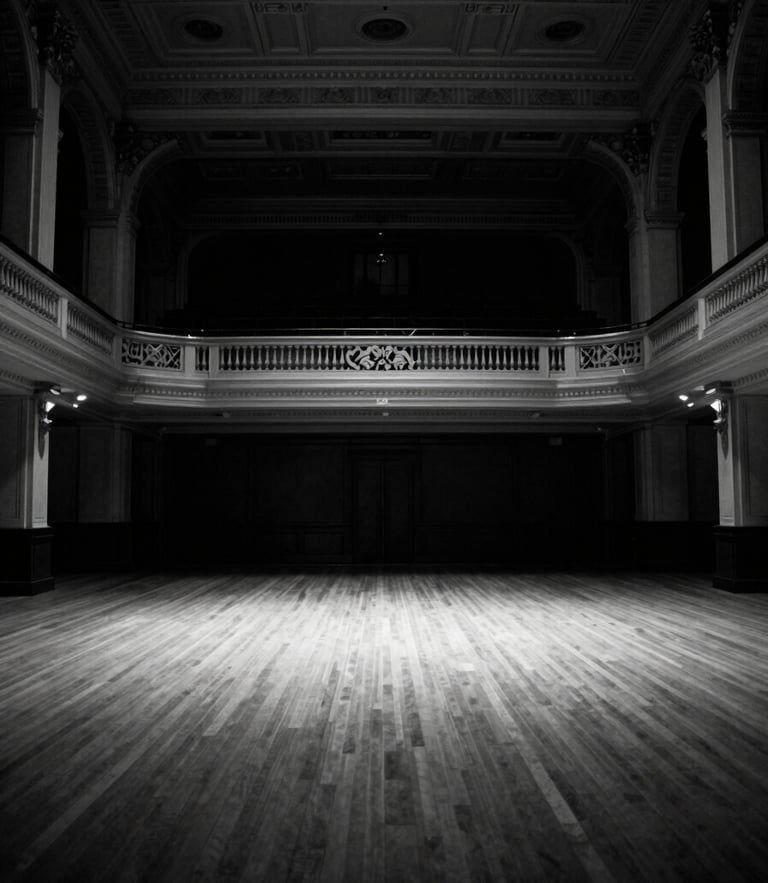 Symmetrical architectural shot of a grand New York ballroom, high-contrast black and white, dramatic empty space, crisp spotlight highlights, 35mm film.