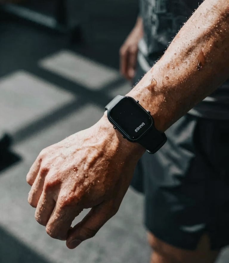 Dynamic close-up of a fitness creator's wrist with a technical wearable tracker, sweat drops, intense athletic training environment, dramatic shadows, 35mm.
