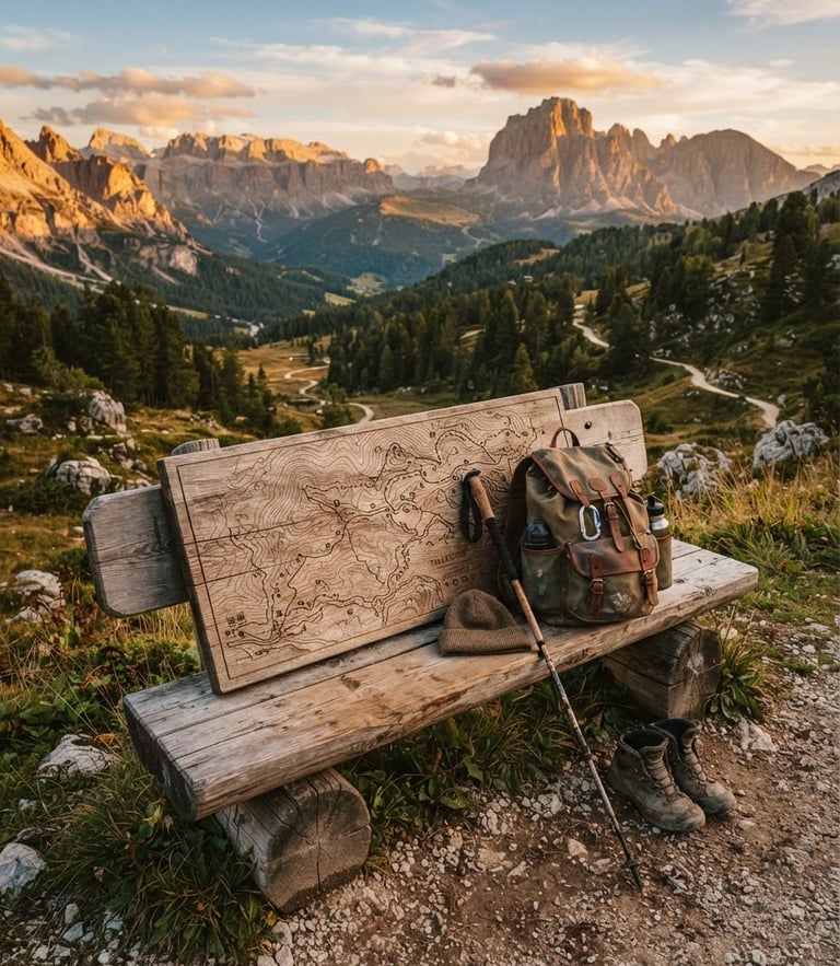 A warm environmental photo of a wooden trail map and relaxed hiking gear resting on a rustic bench, golden-hour mountain light.