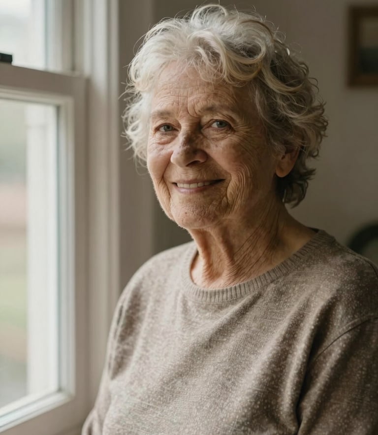 A warm, honest portrait of an elderly homeowner smiling softly next to a sunlit window, warm editorial photography, soft natural window light, muted earthy tones, shallow depth of field.