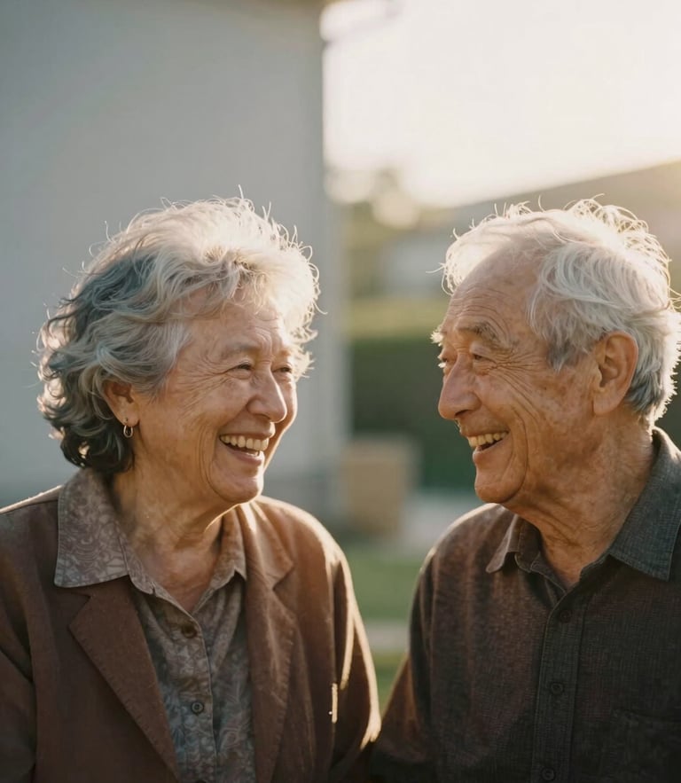 A warm portrait of two older adults laughing together outdoors, soft golden-hour light, rich organic tones, shallow depth of field, 35mm film