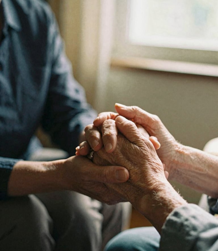 Medium close-up of a warm caregiver holding an older woman's hand in a sunlit room, soft natural window light, rich organic tones, shallow depth of field, 35mm film