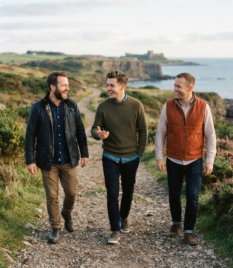 Candid medium shot of three men in smart-casual wear walking along a scenic Northumberland path, laughing, soft natural daylight, rich blues and earthy tones, 35mm