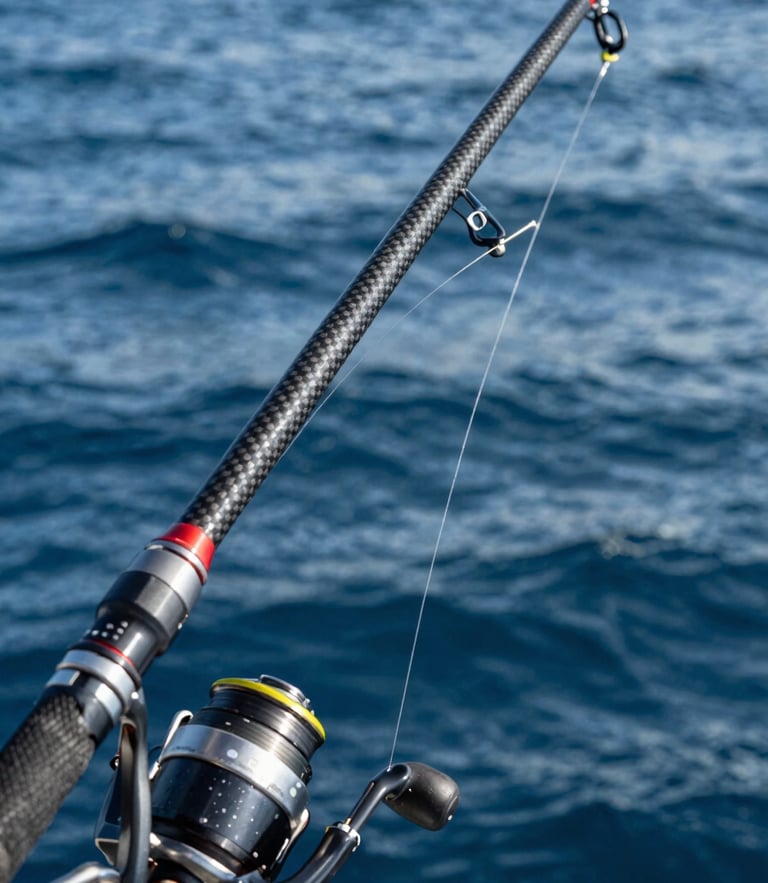 Extreme close-up of a heavy carbon fishing rod bent under extreme load, high-contrast midday sun reflecting off deep blue ocean water, water spraying from the line.