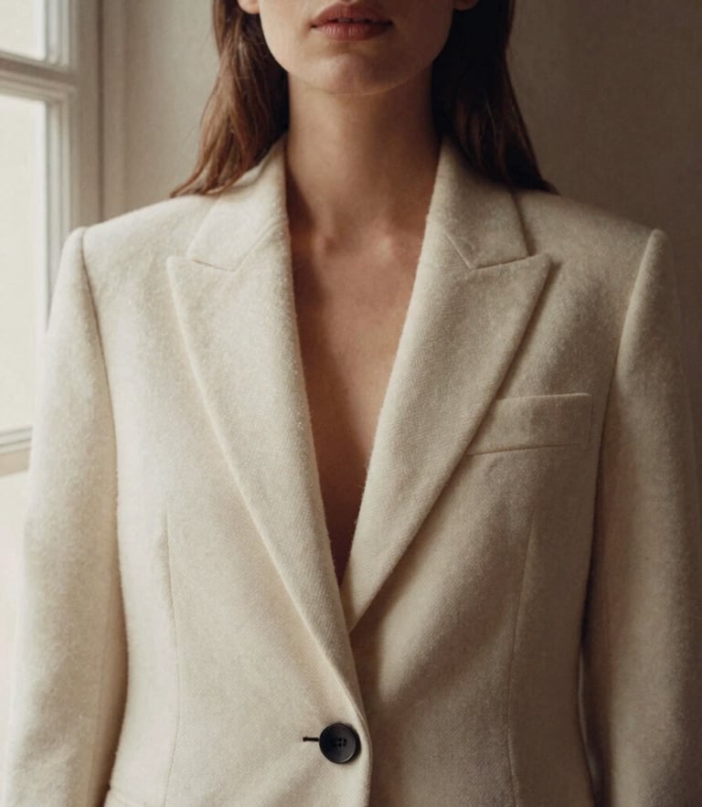 Editorial low-angle portrait of a woman in a structured, sculpted cream wool blazer, soft window light, warm neutral shadows, 35mm film style.