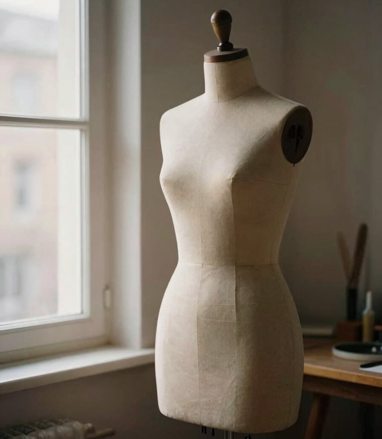 Soft directional window light illuminating a wooden dress form in a quiet minimalist atelier, warm neutral shadows, shallow depth of field, 35mm film