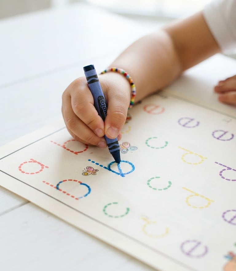 Close-up of a child's hands carefully tracing colorful dotted letters on a printed worksheet, bright high-key daylight, clean white table background