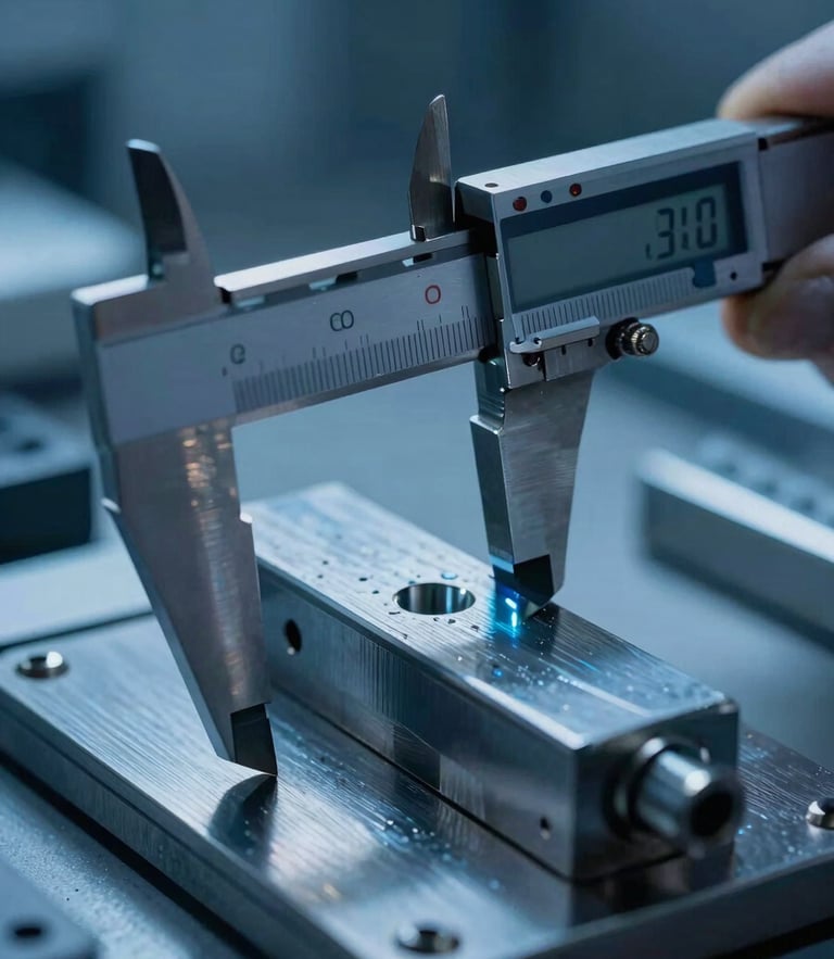 Macro shot of a digital micrometer calibrating a hardened steel component inside a clean calibration lab, cool-toned blue LED lighting, dramatic shadows on metal textures, high contrast.