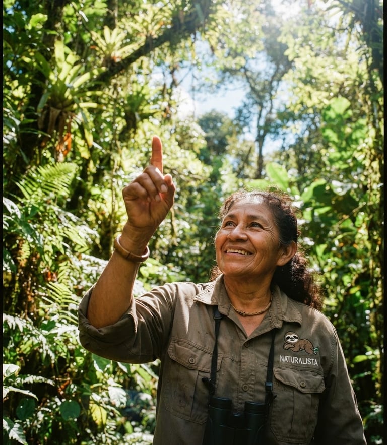 Close-up of a smiling native Costa Rican naturalist guide pointing towards a lush rainforest canopy, bright tropical sunlight filtering through leaves, 35mm film feel