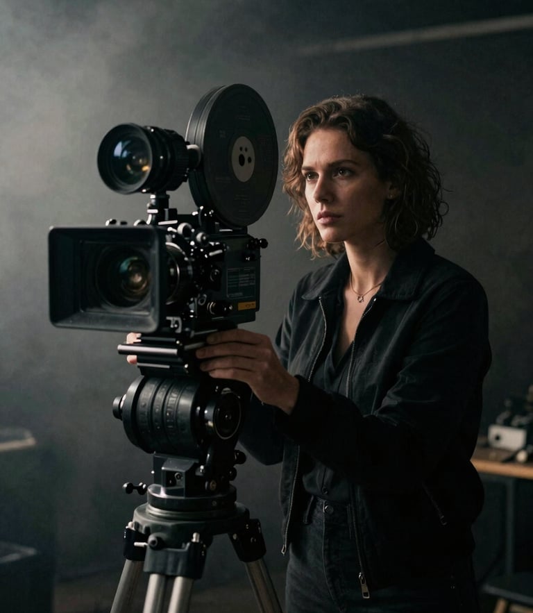 Cinematic portrait of a female director behind a 35mm film camera on a dark set, moody low-key lighting, volumetric mist, high contrast