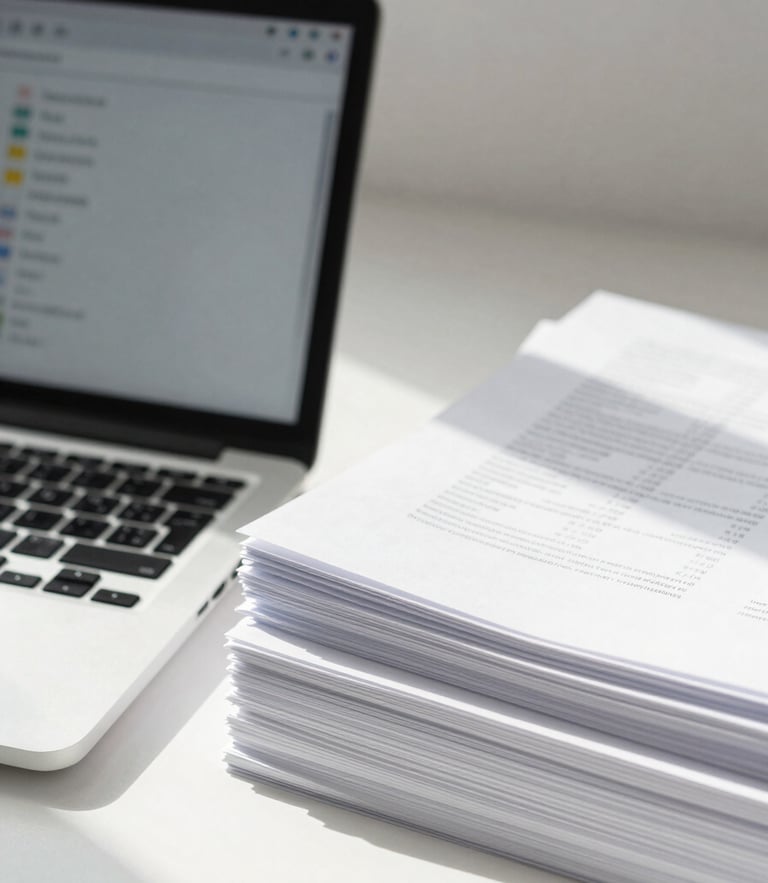 A bright, clean workspace with a laptop displaying a simple folder structure next to a neat stack of paper files, natural morning light, close-up details.