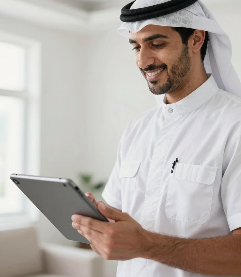 Professional Saudi technician in clean uniform holding diagnostic tablet, smiling, bright indoor home setting, sharp focus, shallow depth of field