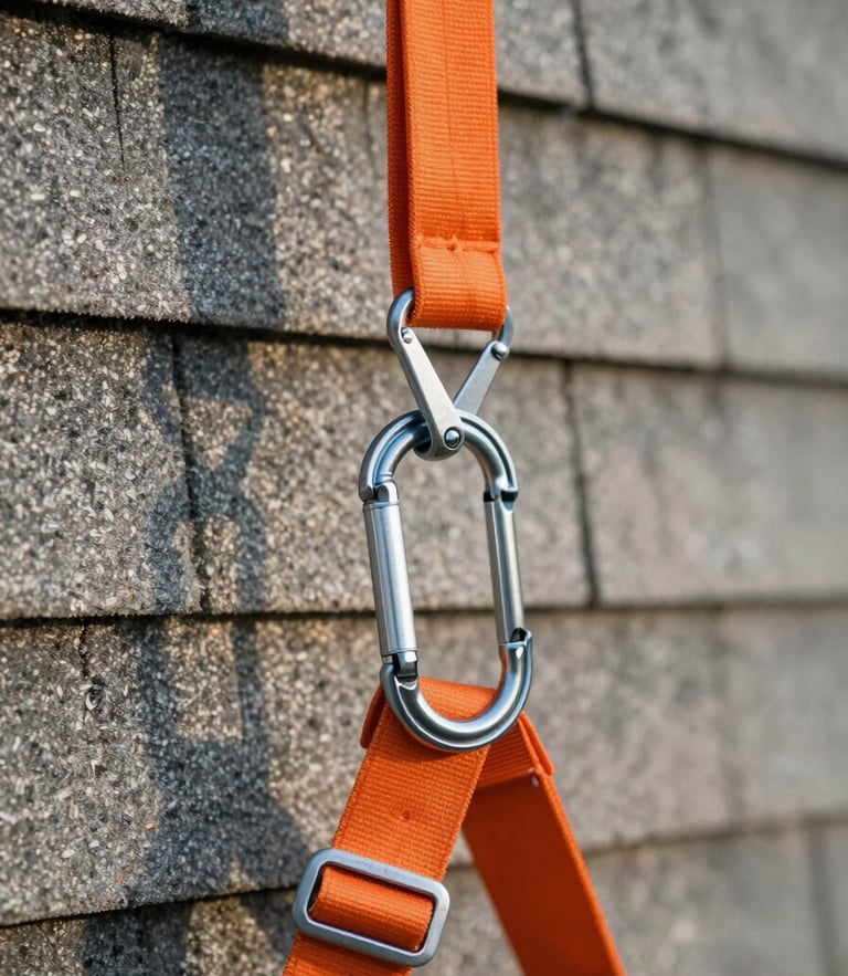 Close-up of safety harness carabiner clipped securely to a roof anchor line, bright orange straps, clean shingles in the background under morning light.