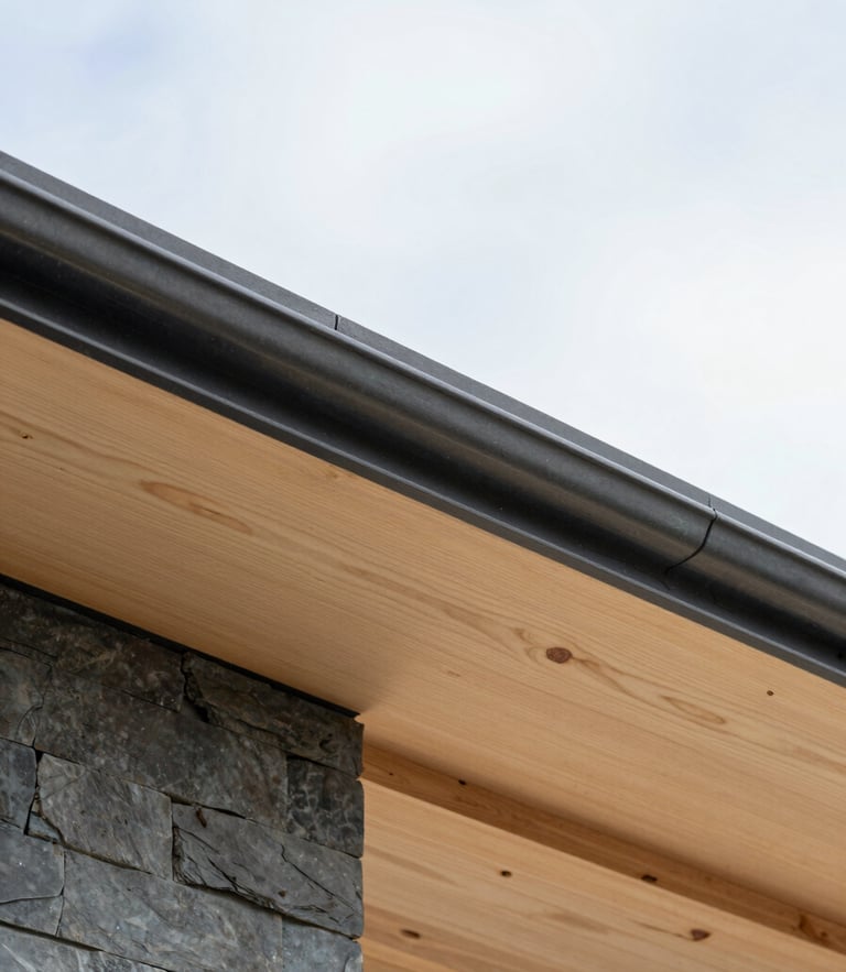 Crisp architectural photography of a new home framing under a bright sky, clean plywood roof deck visible, sharp detail, 35mm lens