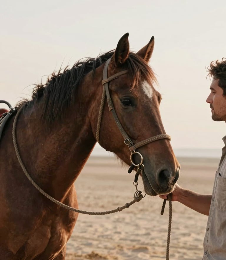Close-up of a man leading a horse by a loose rope, looking at the horse with mutual trust, soft overcast natural light, warm sand tones.