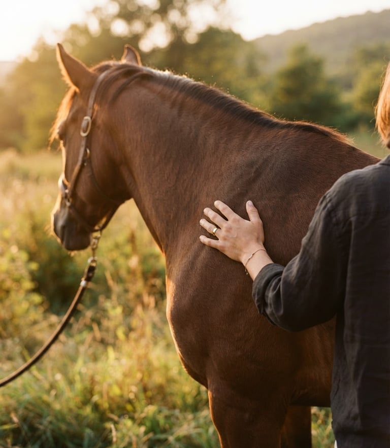 Close-up of a human hand gently resting on a horse's shoulder, warm golden hour natural light, soft focus, 35mm film