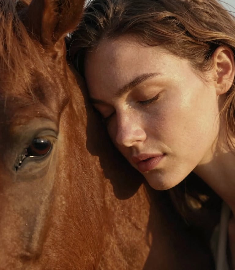 Extreme close-up of a woman with closed eyes leaning her forehead against a horse's neck, expressing deep relief, warm golden-hour lighting, shallow depth of field.