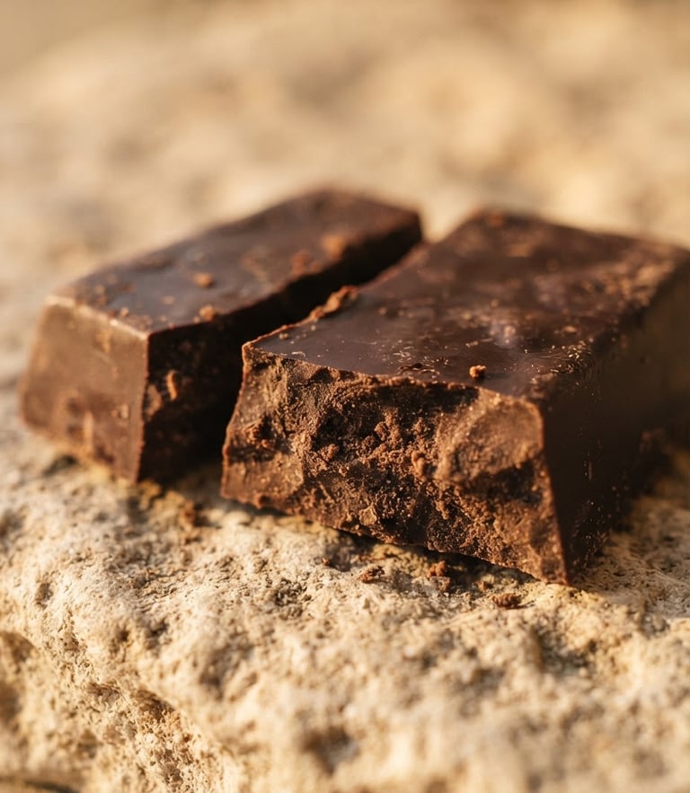 A macro close-up of a single dark chocolate block cracked open on a textured beige stone, warm golden-hour window light, shallow depth of field, 35mm