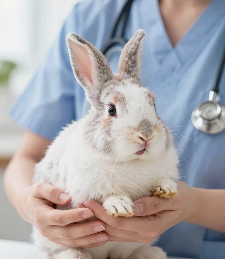 A happy fluffy rabbit resting gently in the hands of a caring veterinarian, bright high key photography, soft natural daylight, vibrant pastel tones, warm editorial style