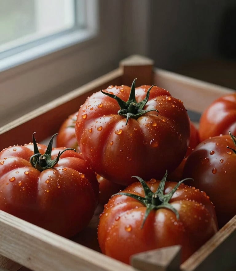 Close-up portrait of unwashed heirloom tomatoes in a wooden crate, soft Scandinavian window light, moody shadows, natural textures