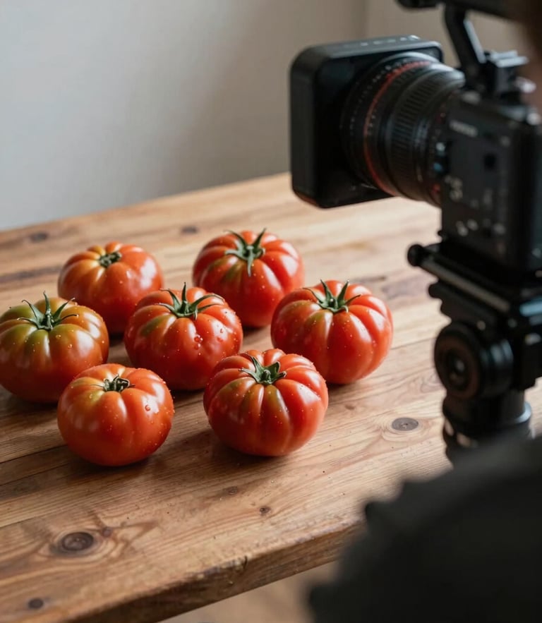 Over-the-shoulder shot of a camera rig capturing unwashed heirloom tomatoes on a rustic wooden prep table, soft Scandinavian side-light with moody shadows