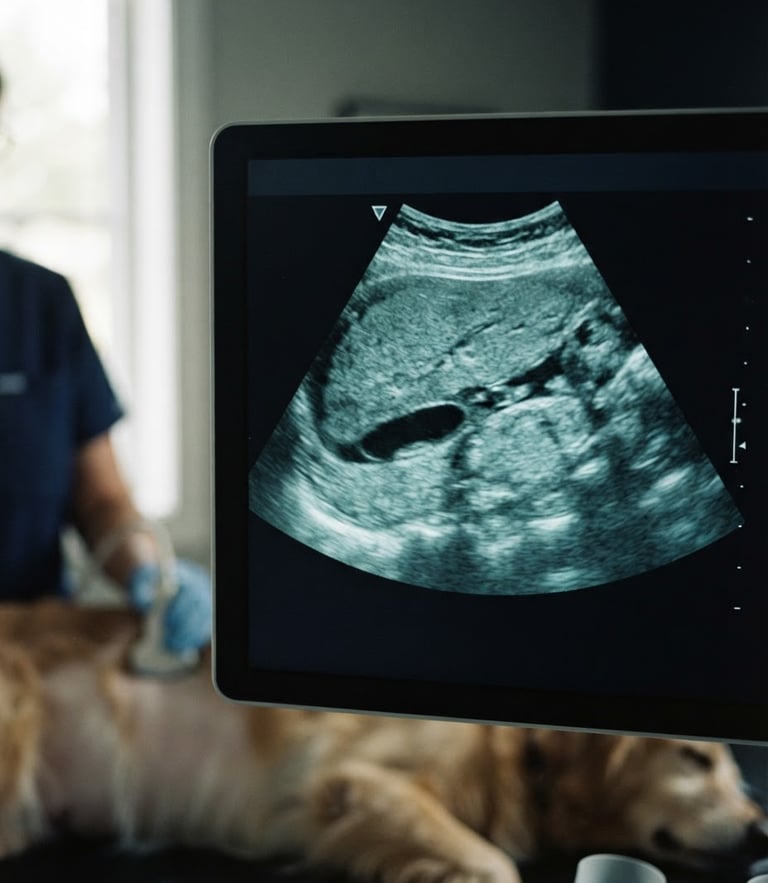 Clinical editorial photography of a modern high-resolution ultrasound screen displaying a clean canine diagnostic scan, soft natural window light, cool screen glow, desaturated teal tones, shallow depth of field, 35mm